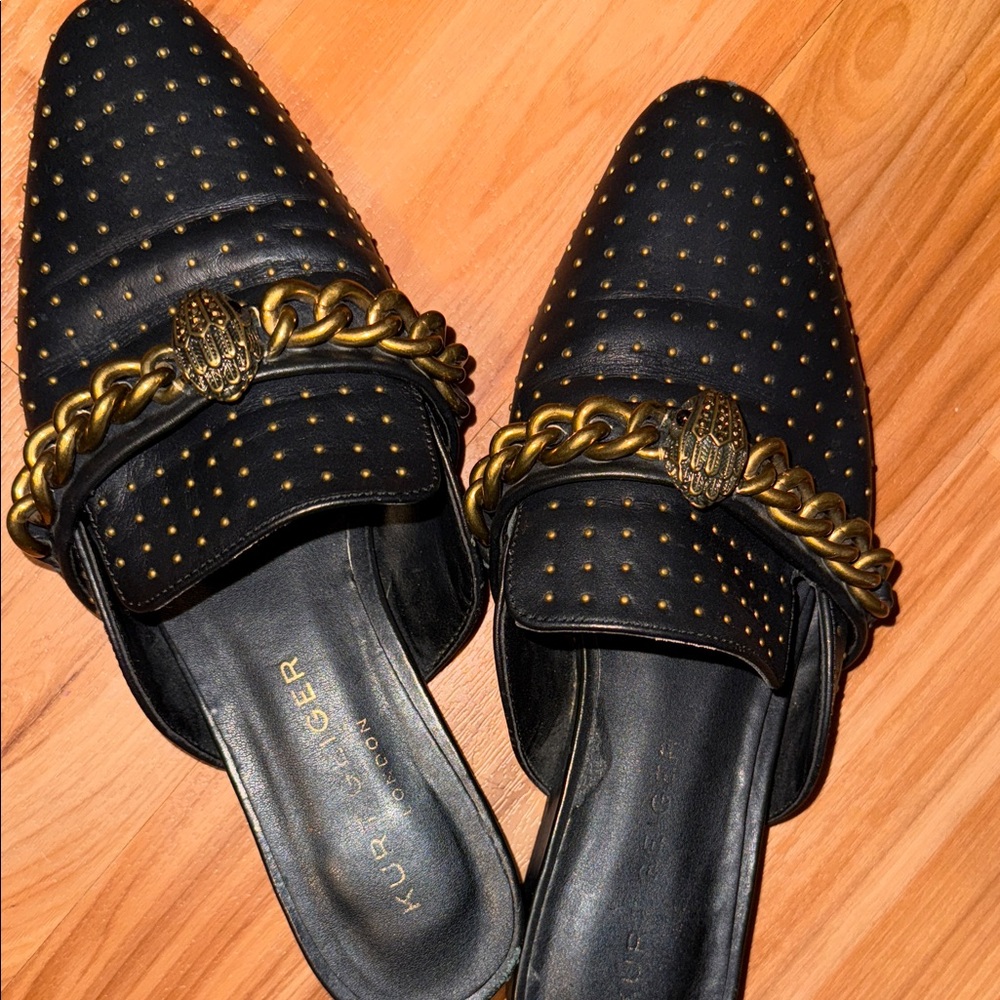 Kurt Geiger Black Leather Pointed Slip-On Mules with Gold Chain - Picture 7 of 16